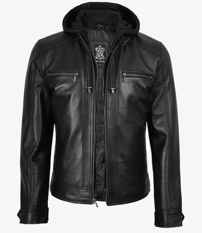 Men's Black Leather Jacket with Removable Hoodie