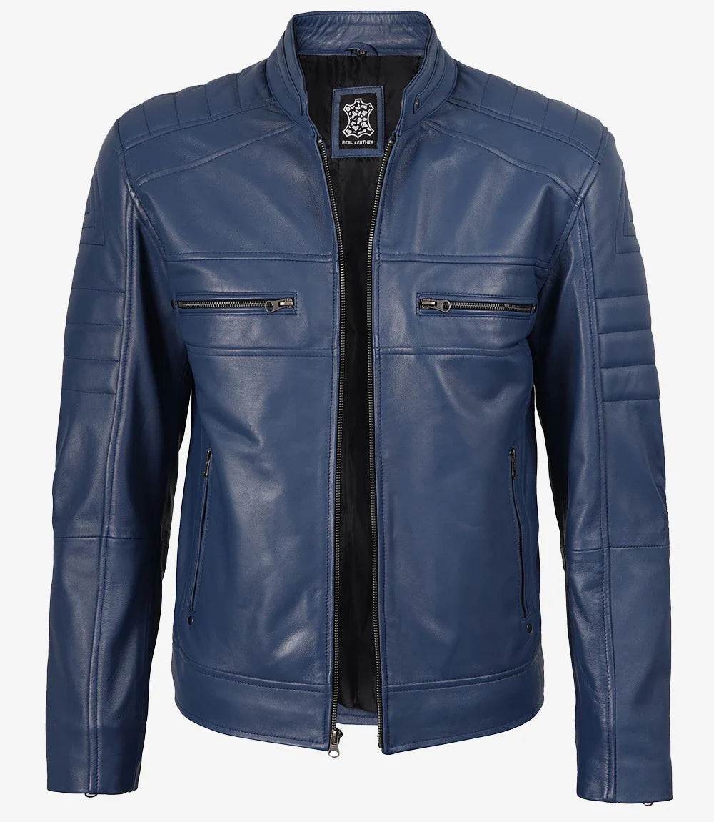 Men's Blue Biker Style Leather Jacket