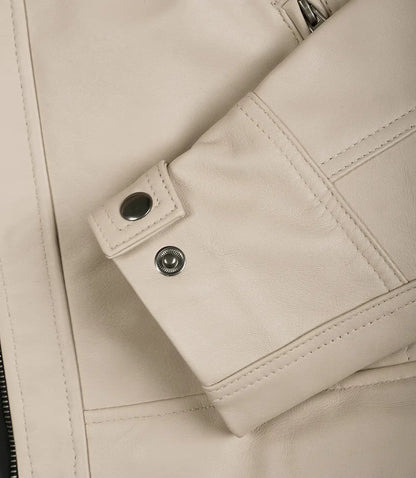 Men's Biker Style Beige Leather Jacket - Quilted Shoulder