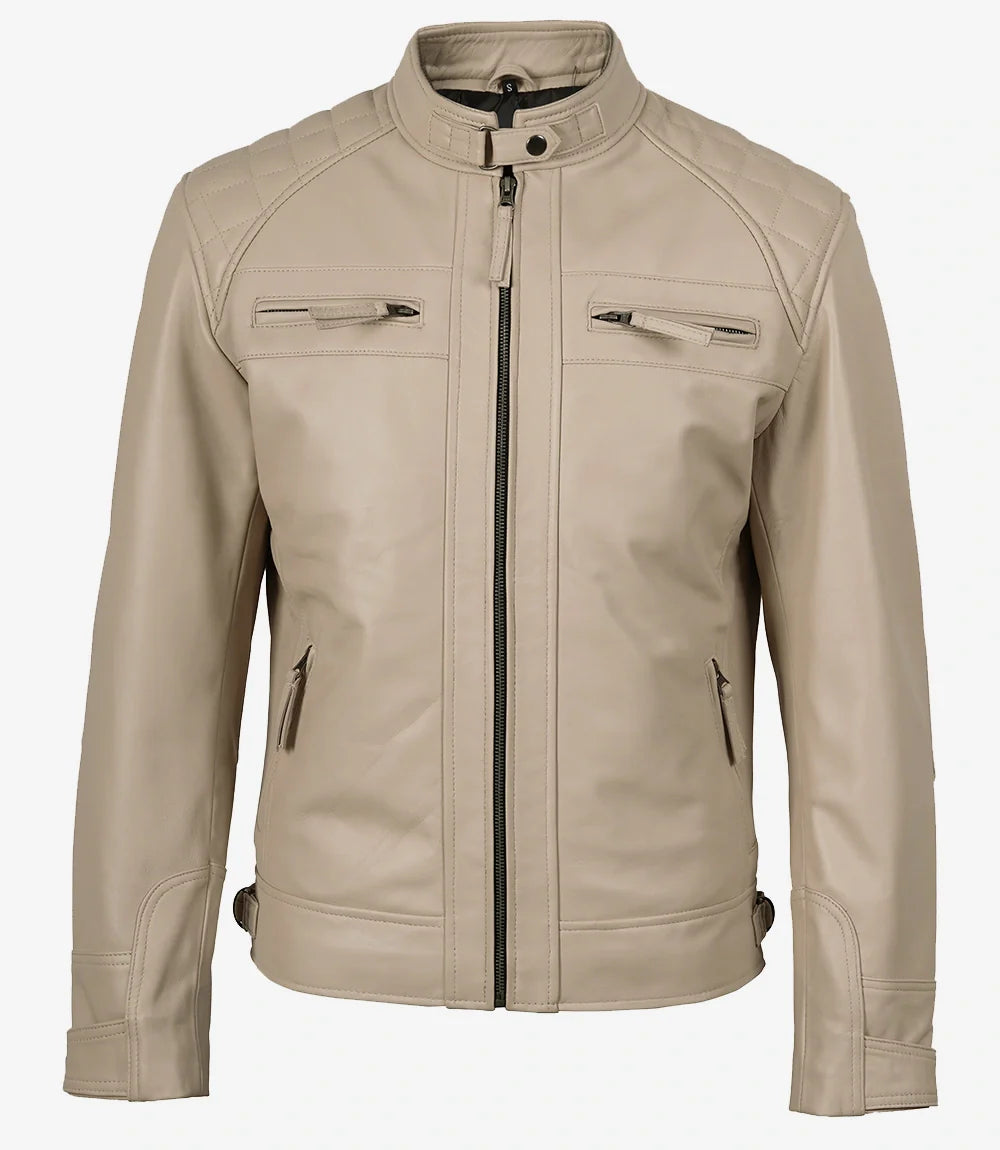 Men's Biker Style Beige Leather Jacket - Quilted Shoulder