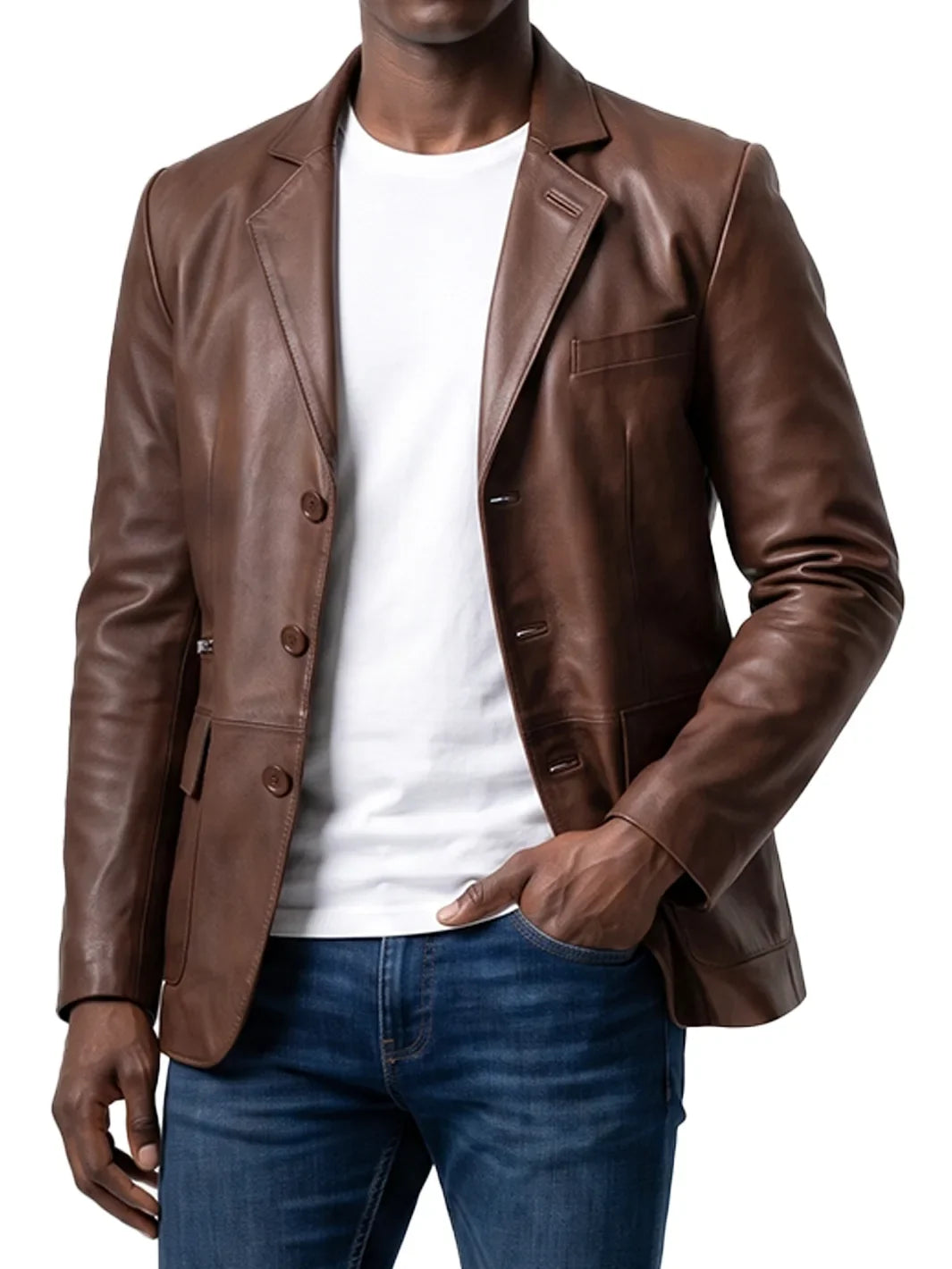 Eliseo Men's Cognac Three Button Leather Blazer
