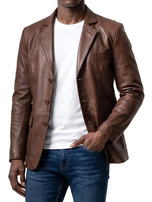 Eliseo Men's Cognac Three Button Leather Blazer