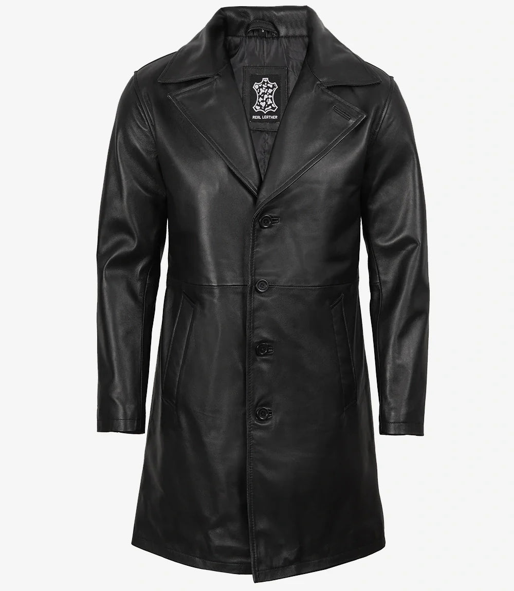 Men's 3/4 Length Black Lambskin Leather Coat