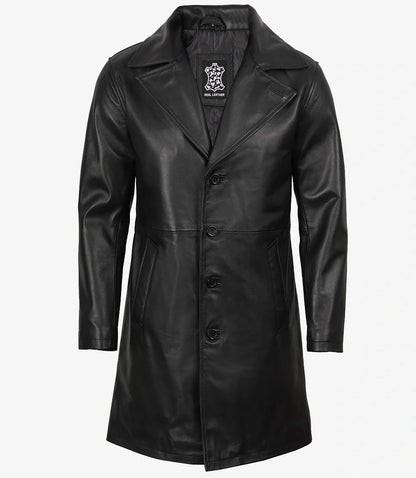 Men's 3/4 Length Black Lambskin Leather Coat