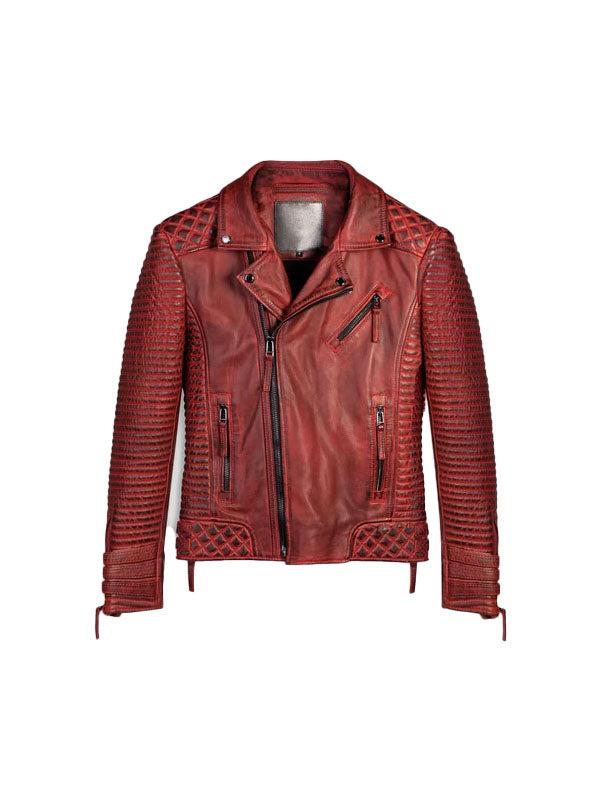 Men Red Waxed Biker Leather Motorcycle Jacket Max Jackets