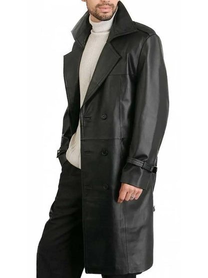 Mens Black Knee Length Leather Coat | Double Breasted