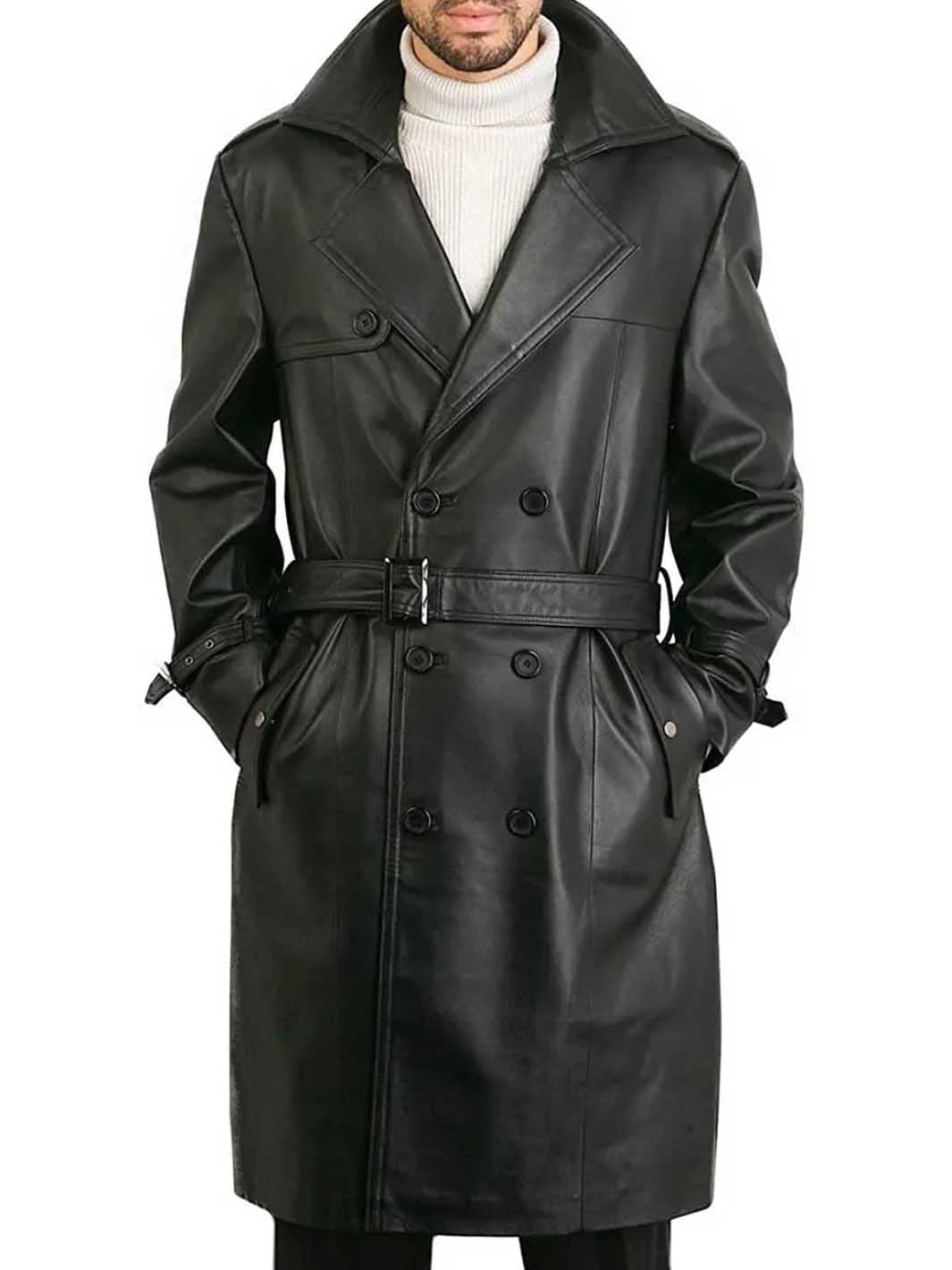 Mens Black Knee Length Leather Coat | Double Breasted