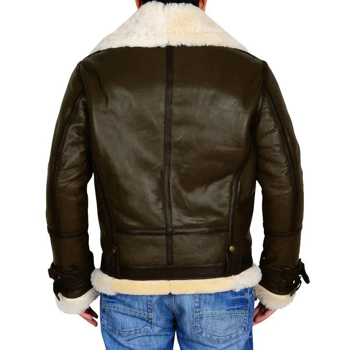 Men Army Green B3 Bomber Shearling Leather Jacket Max Jackets