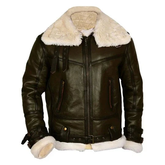 Men Army Green B3 Bomber Shearling Leather Jacket Max Jackets