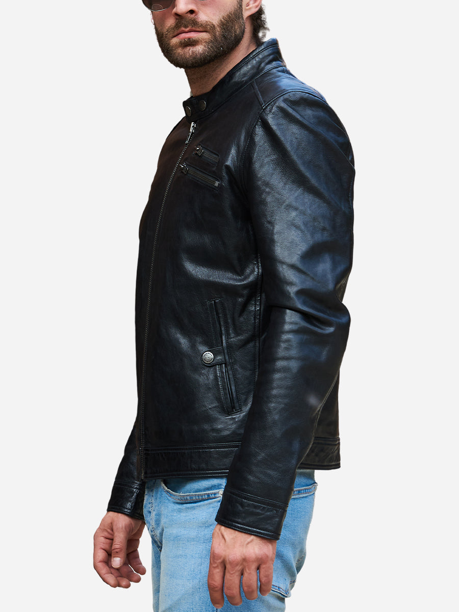 Jasiel Sheepskin Black Leather Racer Jacket Max Jackets