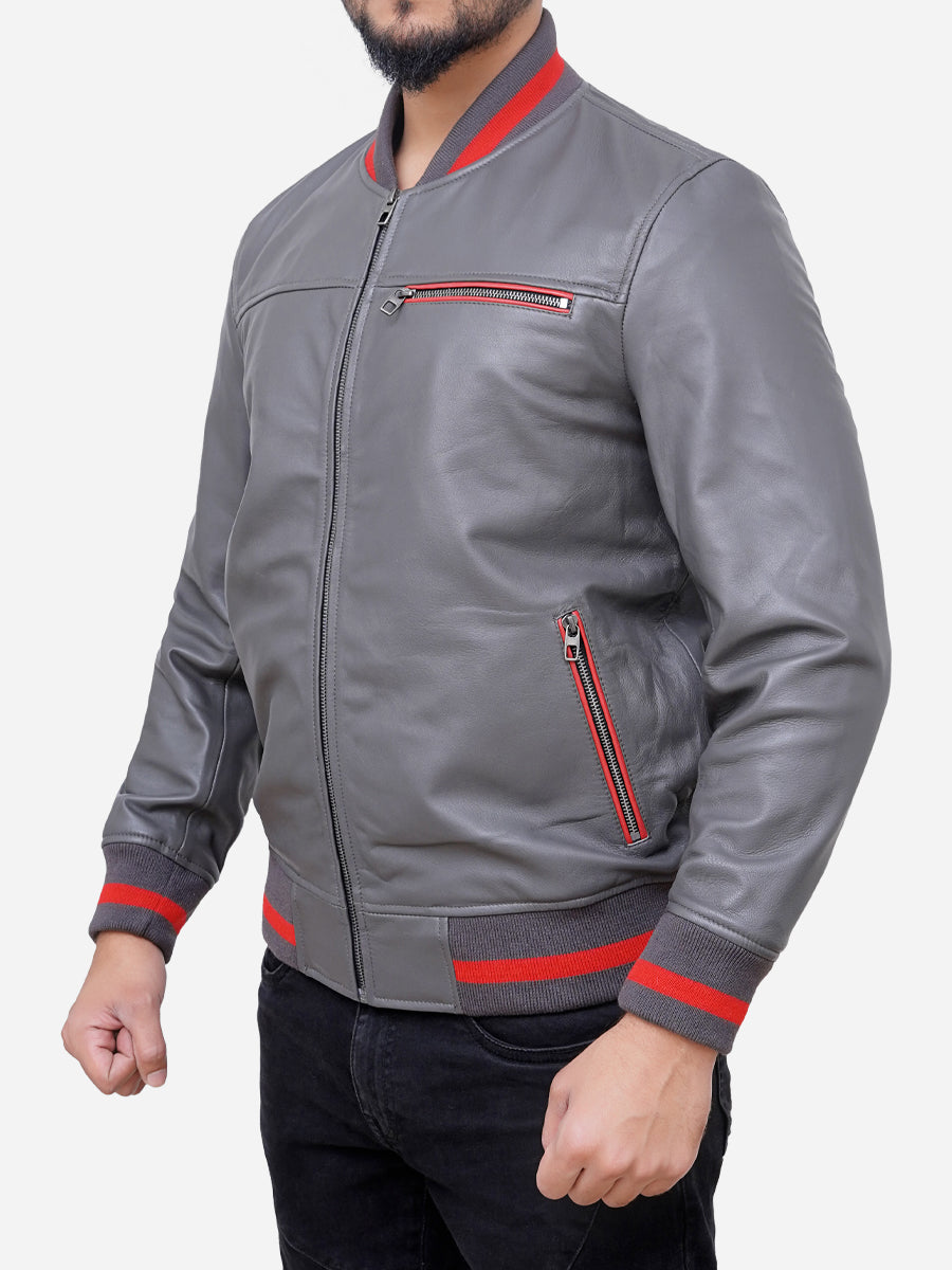 Adam Classic Slim Fit Grey Leather Bomber Jacket Max Jackets