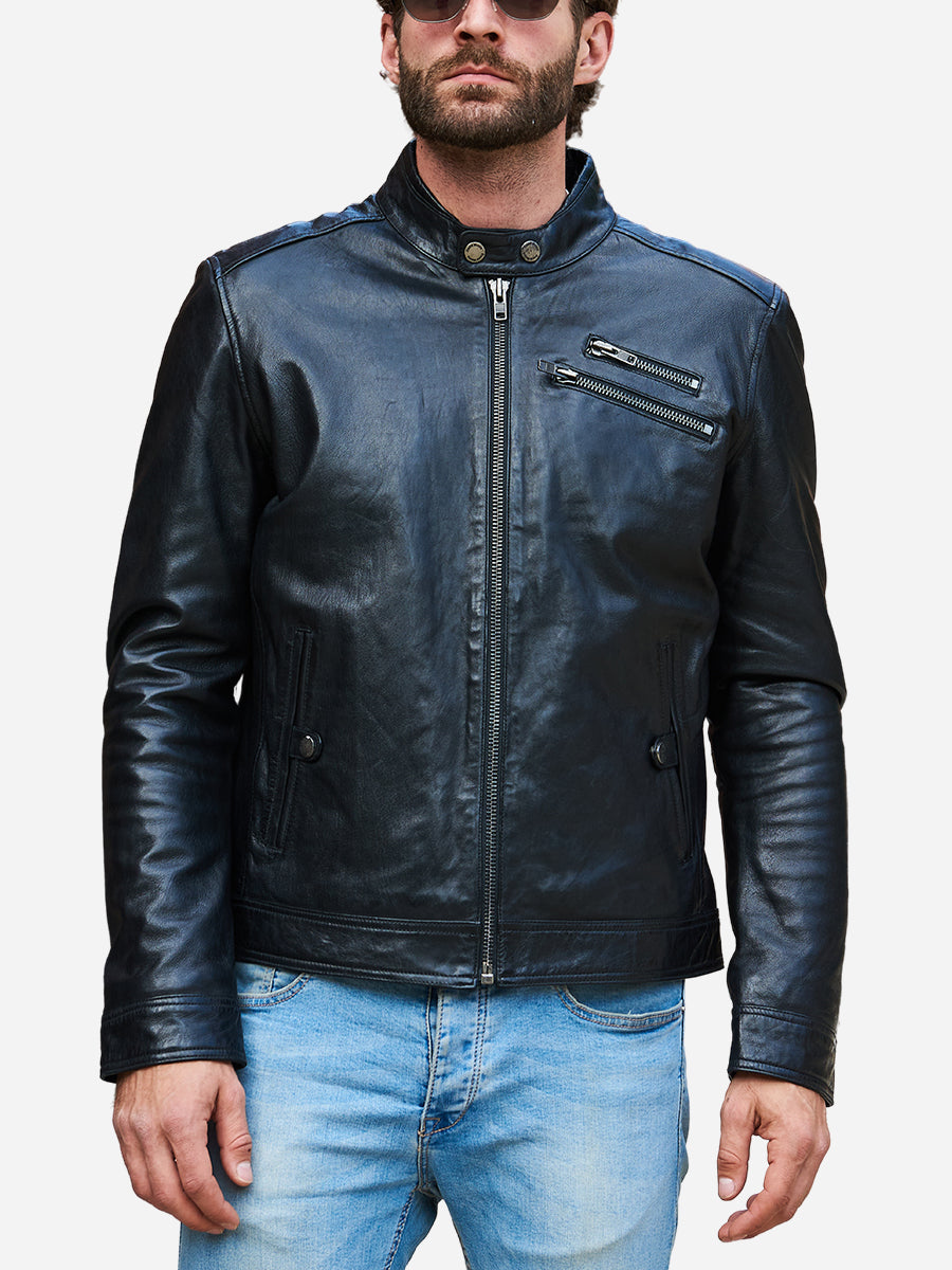 Jasiel Sheepskin Black Leather Racer Jacket Max Jackets