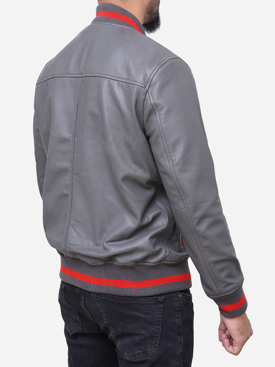 Adam Classic Slim Fit Grey Leather Bomber Jacket Max Jackets