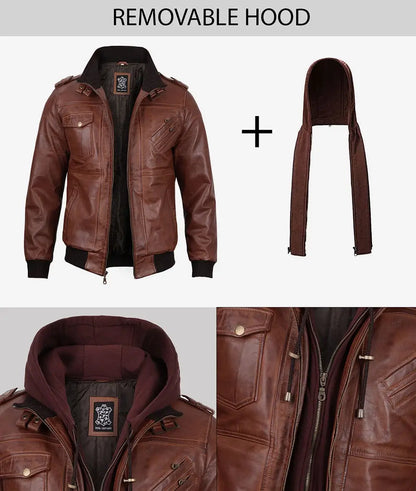 Men's Tall Brown Bomber Hooded Leather Jacket