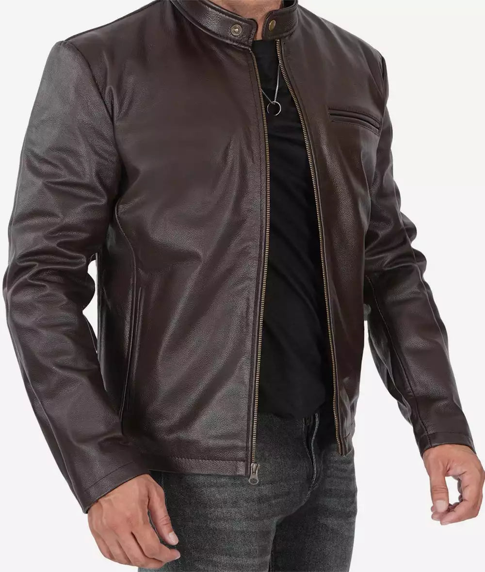 Mens Dark Brown Premium Cowhide Leather Cafe Racer Jacket Max Jackets