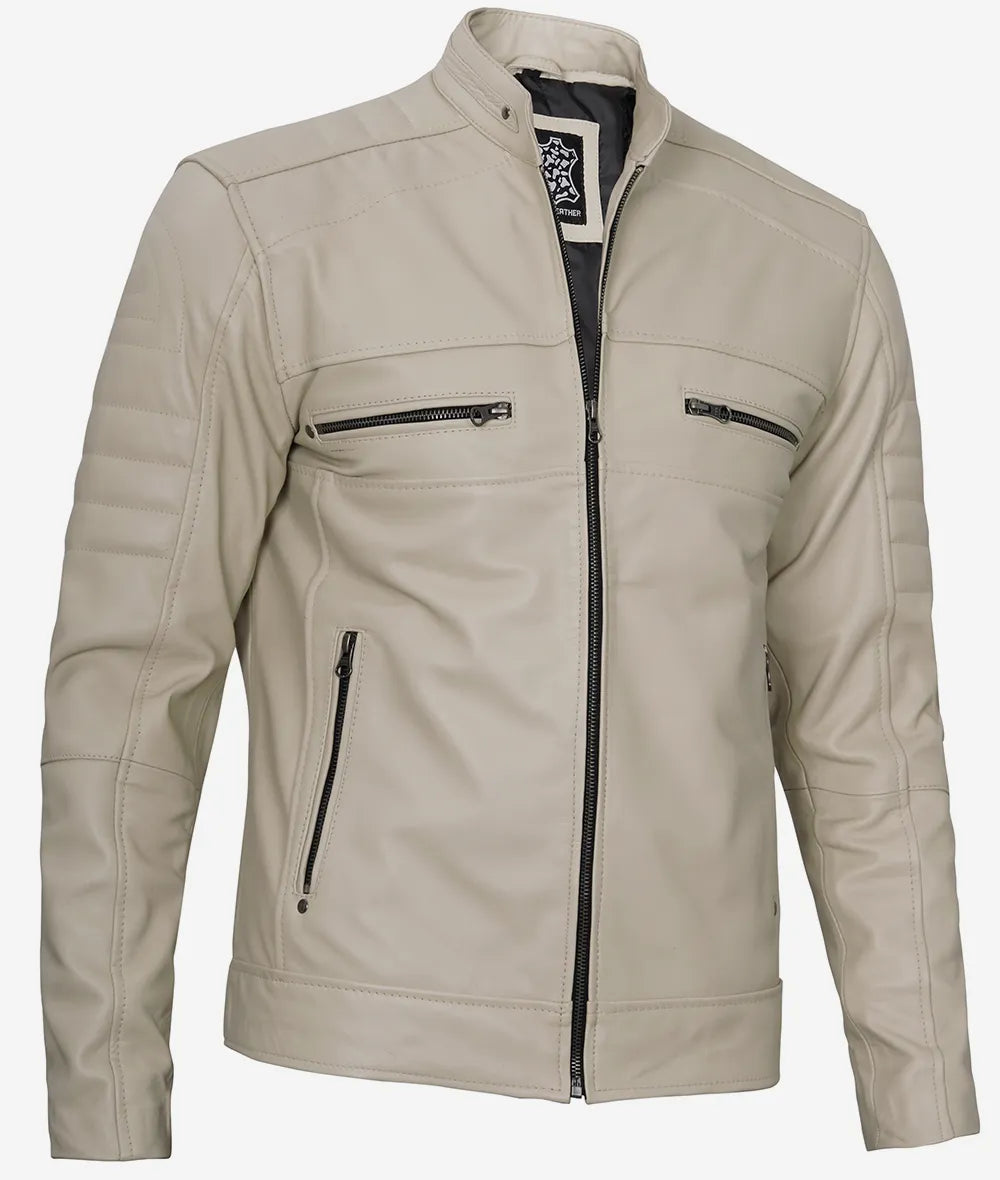 Mens Beige Cafe Racer Leather Jacket Max Jackets