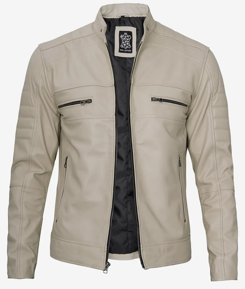 Mens Beige Cafe Racer Leather Jacket Max Jackets