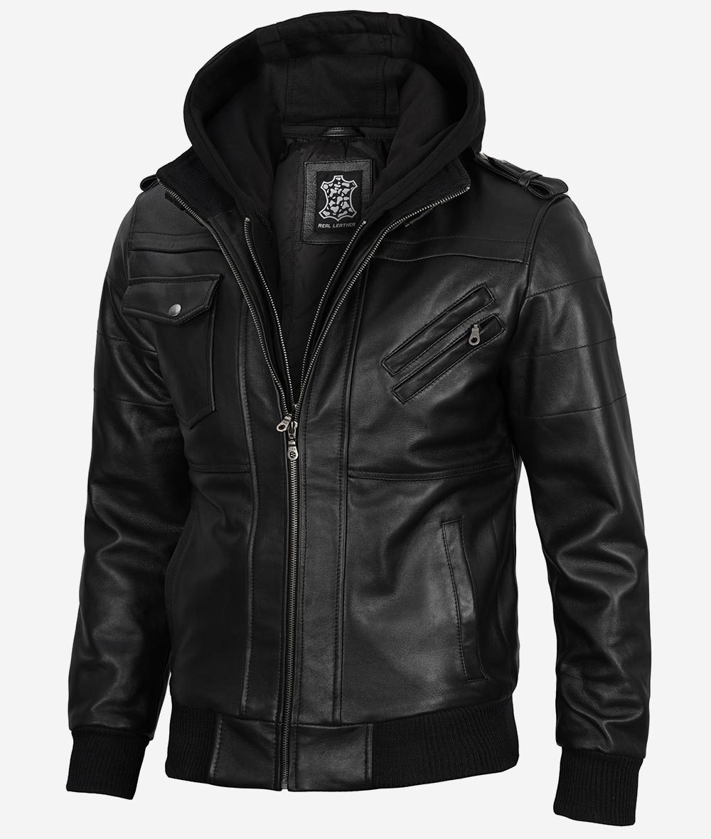 Men's Black Leather Bomber Jacket with Removable Hood