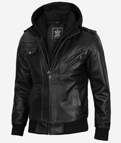 Men's Black Leather Bomber Jacket with Removable Hood