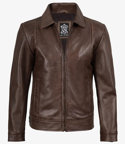 Reeves Mens Shirt Collar Brown Leather Jacket