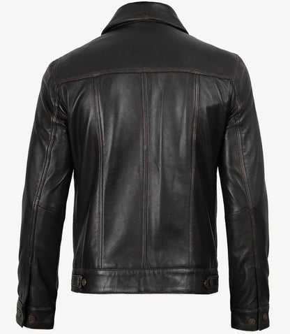 Men's Distressed Brown Leather Trucker Jacket