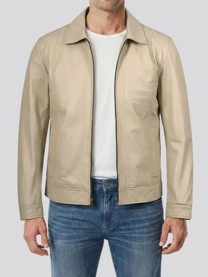 Men's Beige Real Leather Harrington Jacket