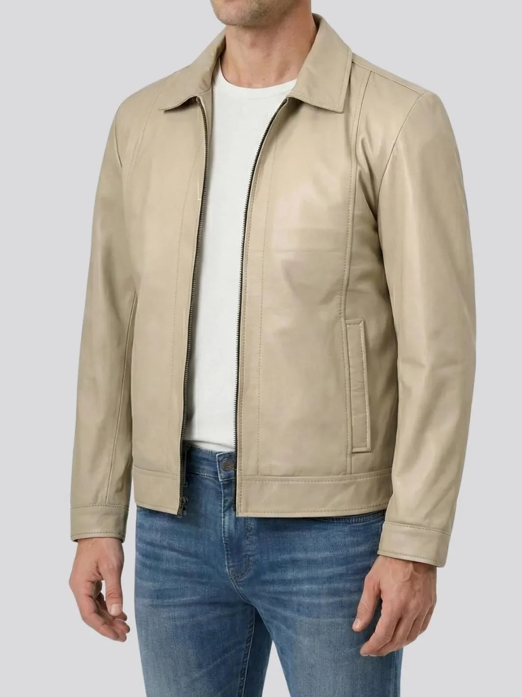 Men's Beige Real Leather Harrington Jacket
