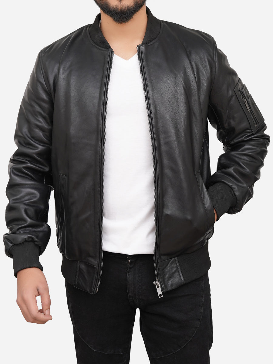 Griffin Black Bomber Leather Jacket