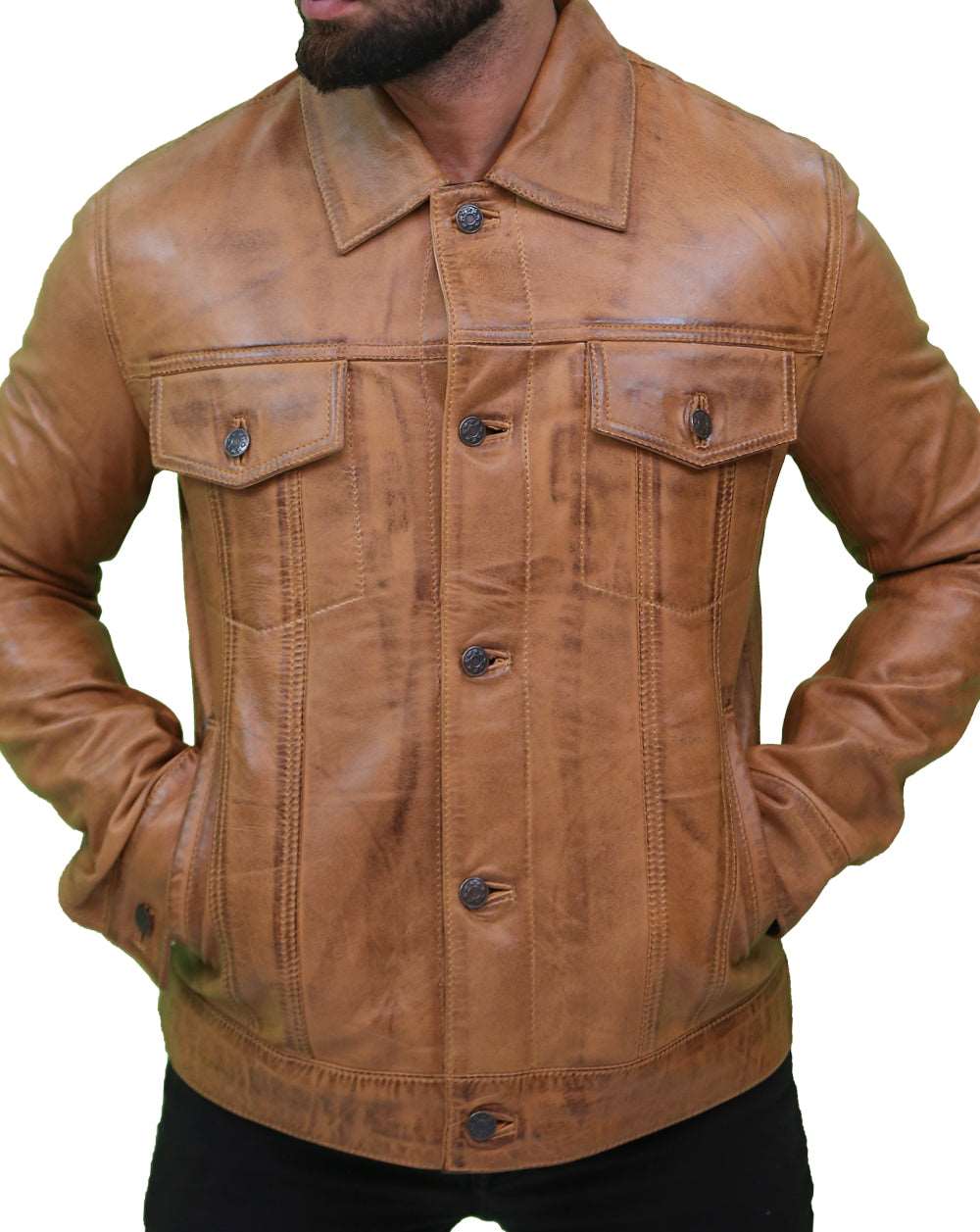 Men's Camel Brown Trucker Leather Jacket Max Jackets