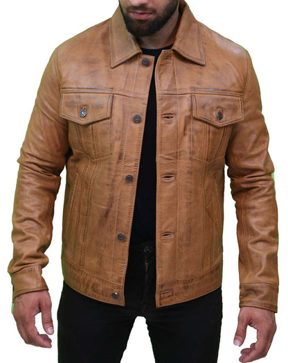 Men's Camel Brown Trucker Leather Jacket Max Jackets