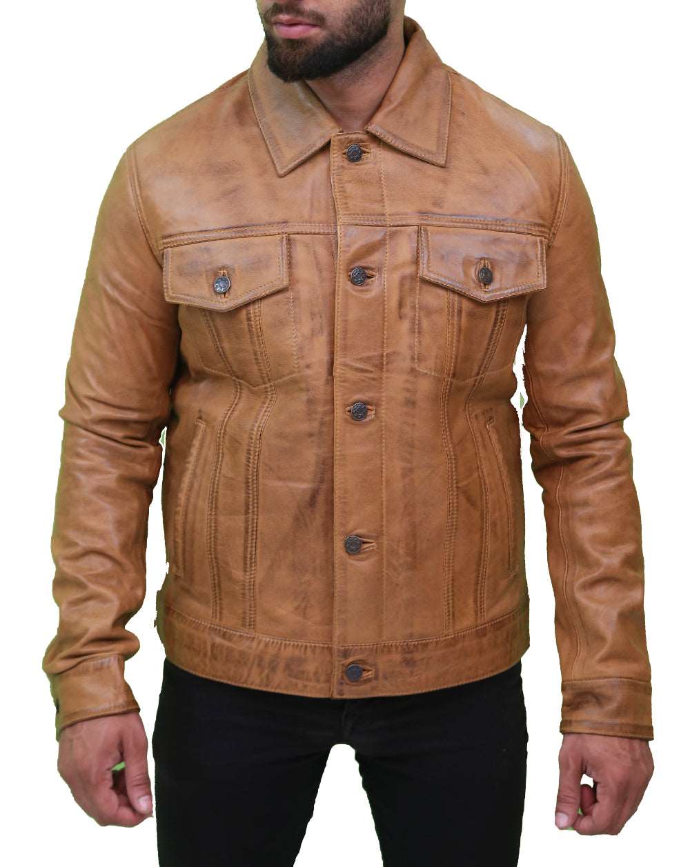 Men's Camel Brown Trucker Leather Jacket Max Jackets