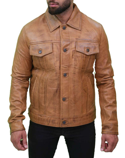 Men's Camel Brown Trucker Leather Jacket Max Jackets