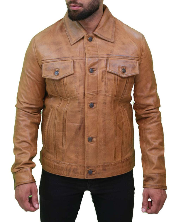 Men's Camel Brown Trucker Leather Jacket Max Jackets