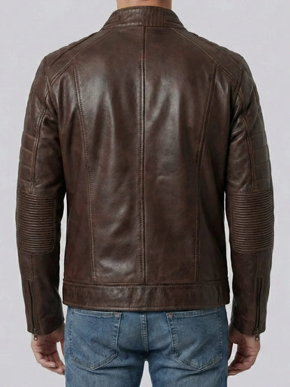 Men's Distressed Coffee Brown Cafe Racer Style Leather Jacket