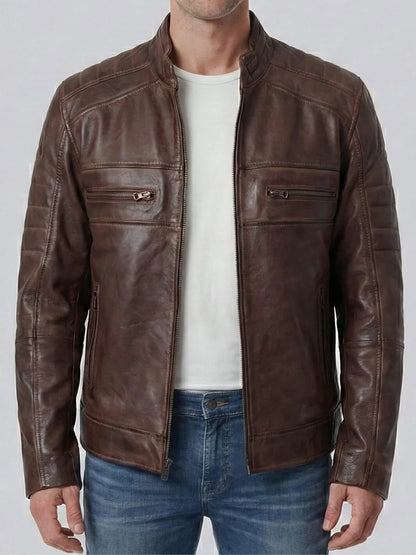Men's Distressed Coffee Brown Cafe Racer Style Leather Jacket