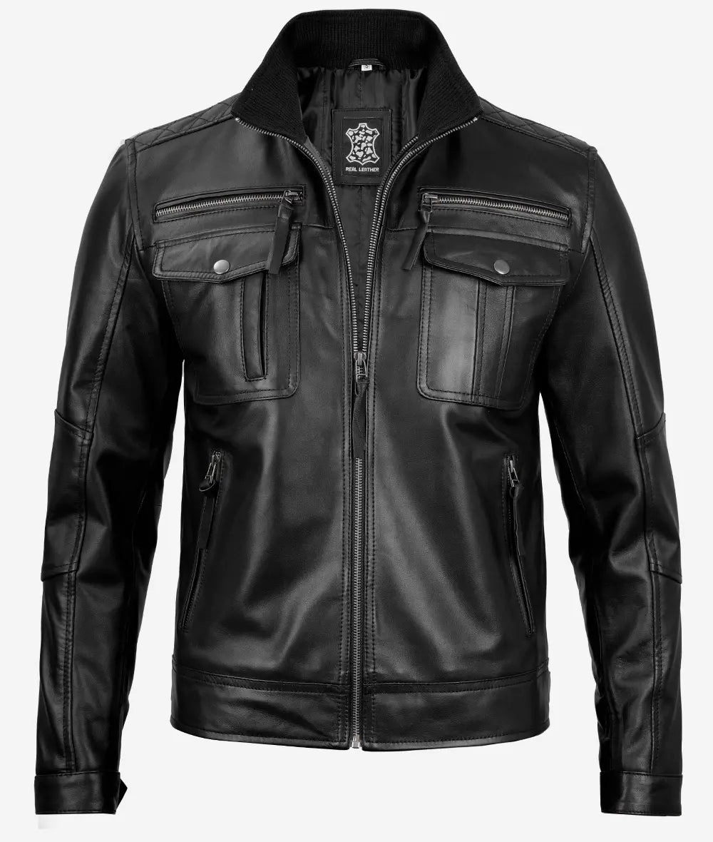 Men's Top Notch Black Cafe Racer Leather Jacket Max Jackets