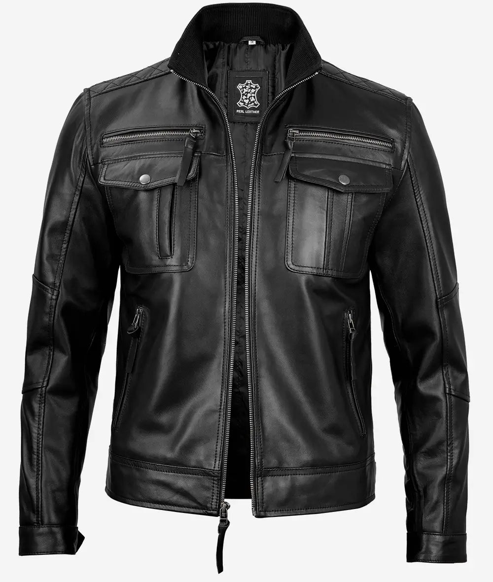 Men's Top Notch Black Cafe Racer Leather Jacket Max Jackets