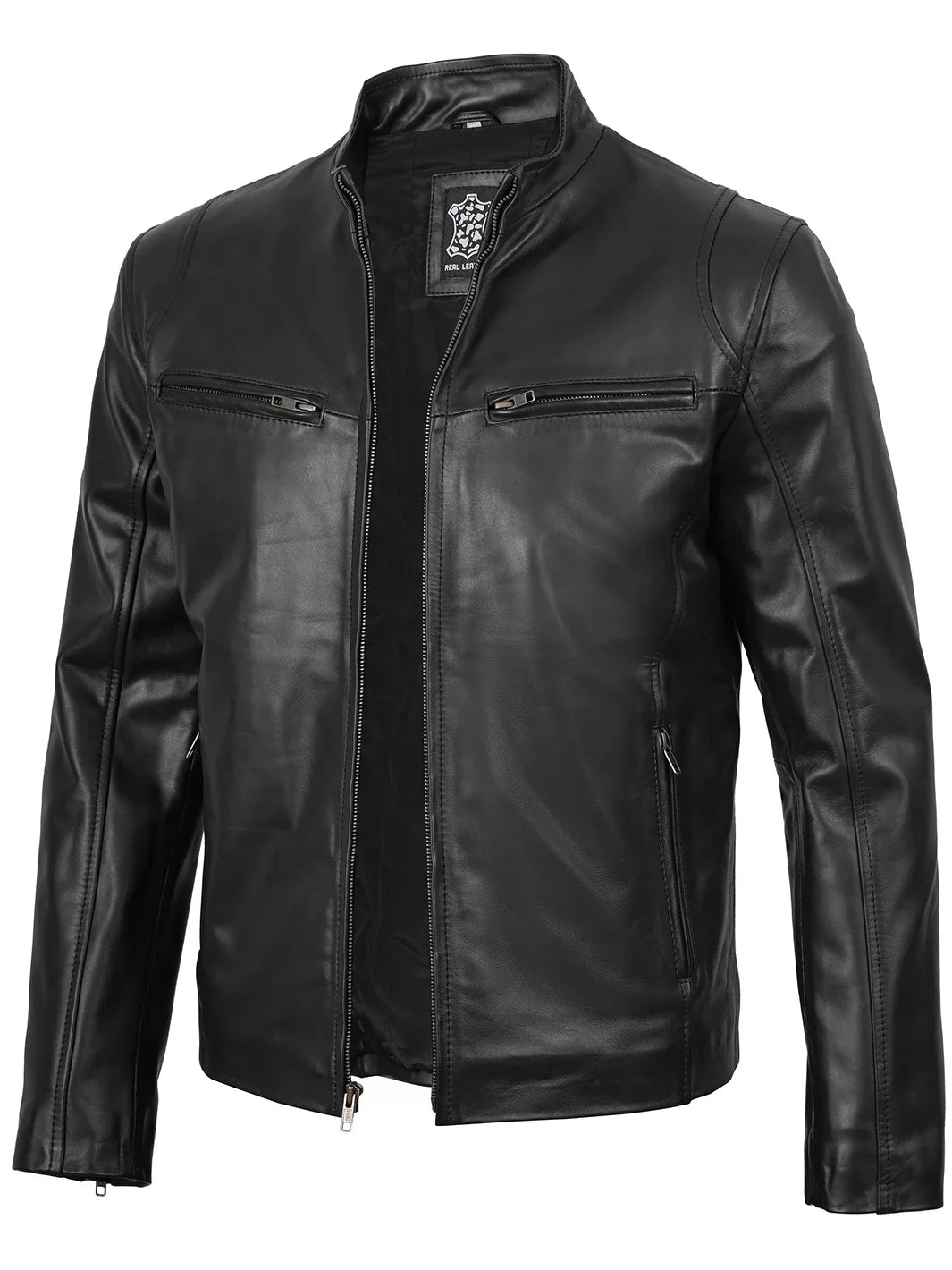 Clinton - Men's Black Cafe Racer Lambskin Leather Jacket