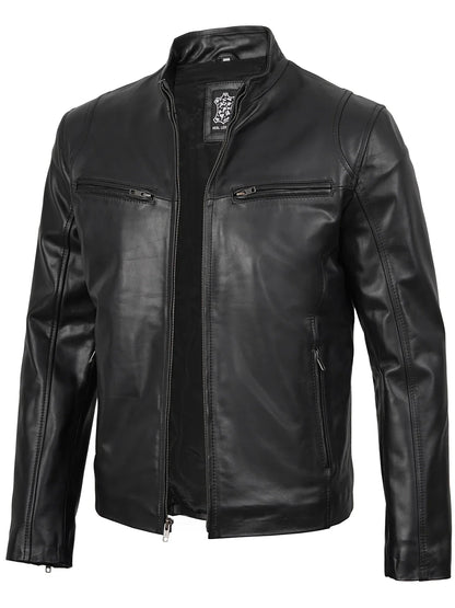 Clinton - Men's Black Cafe Racer Lambskin Leather Jacket