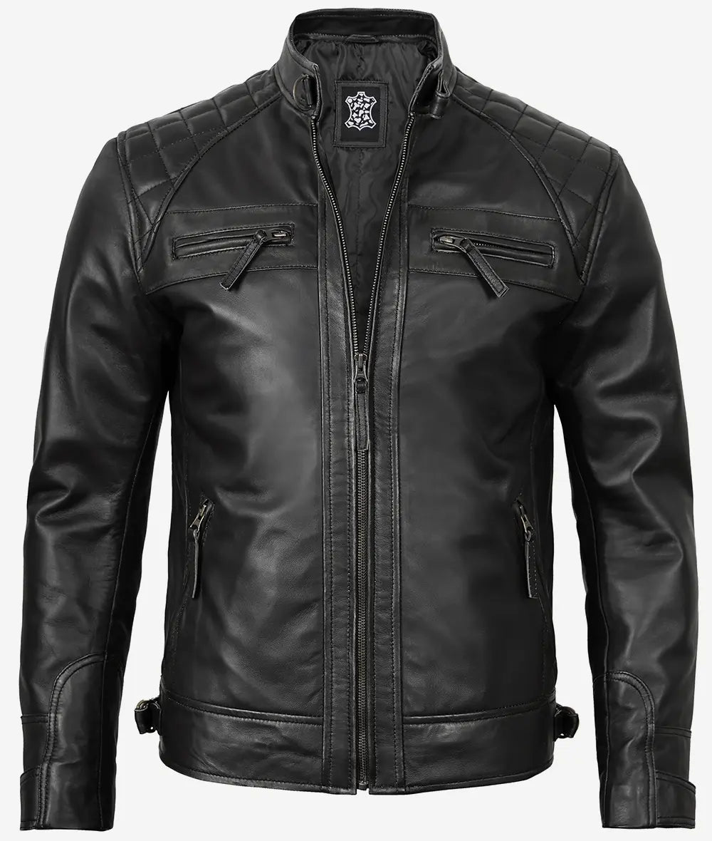 Men's Quilted Shoulder Black Cafe Racer Leather Jacket Max Jackets