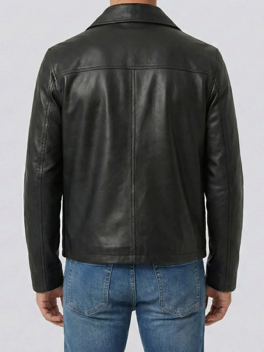 Men's Black Shirt Collar Cowhide Leather Jacket
