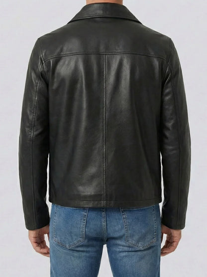 Men's Black Shirt Collar Cowhide Leather Jacket
