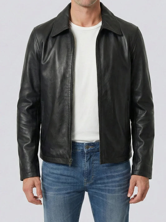 Herren Schwarze Lederjacke mit Hemdkragen aus Rindsleder