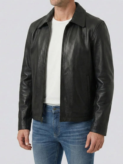 Men's Black Shirt Collar Cowhide Leather Jacket