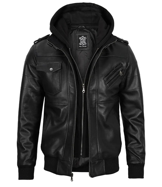 Edinburgh Mens Black Bomber Leather Jacket With Removable Hood