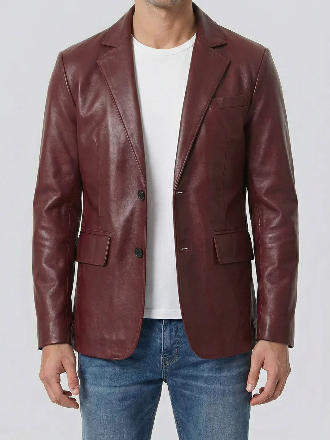 Men's Burgundy Real Leather Blazer