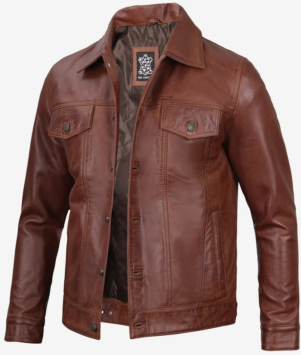 Men's Cognac Trucker Leather Jacket - Classic Shirt Style