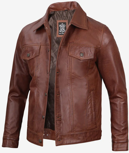 Men's Cognac Trucker Leather Jacket - Classic Shirt Style