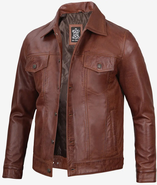 Men's Cognac Trucker Leather Jacket - Classic Shirt Style
