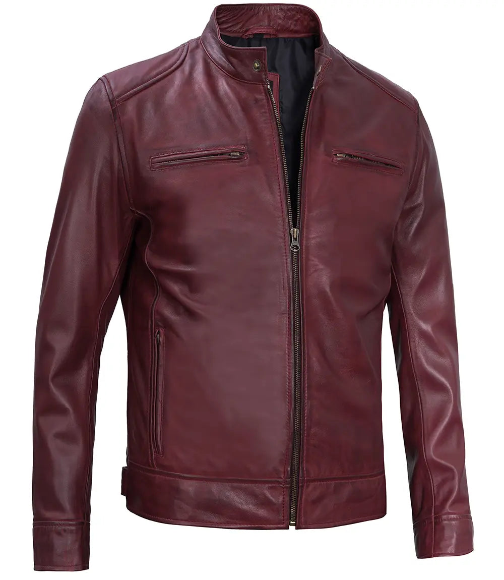 Dodge Men's Maroon Cafe Racer Premium Lambskin Leather Jacket Max Jackets